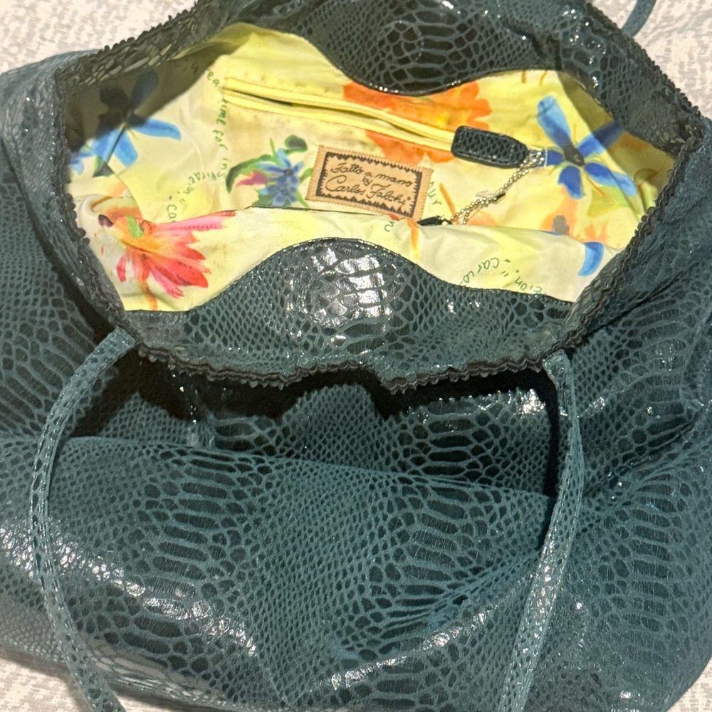 Fatto a Mano by Carlos Falchi /// Emerald Green Faux Snakeskin Pattern Tote - Picture 3 of 8